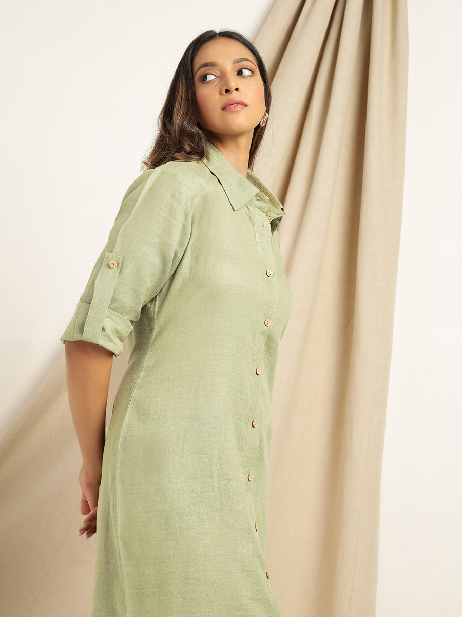 Gulzar - Olive Green High Low Shirt  Dress