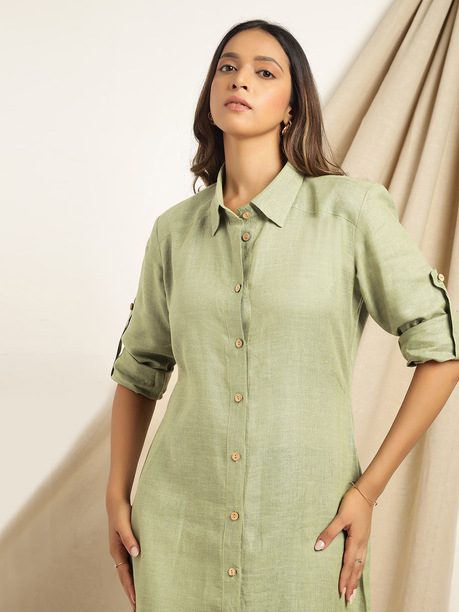 Gulzar - Olive Green High Low Shirt  Dress