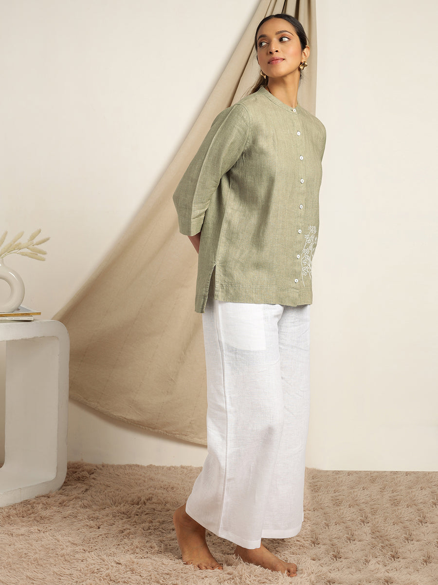 Zinnia - Light Olive Embroidered Shirt