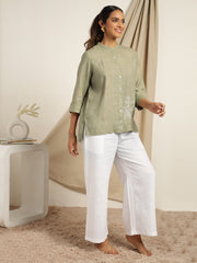 Zinnia - Light Olive Embroidered Shirt