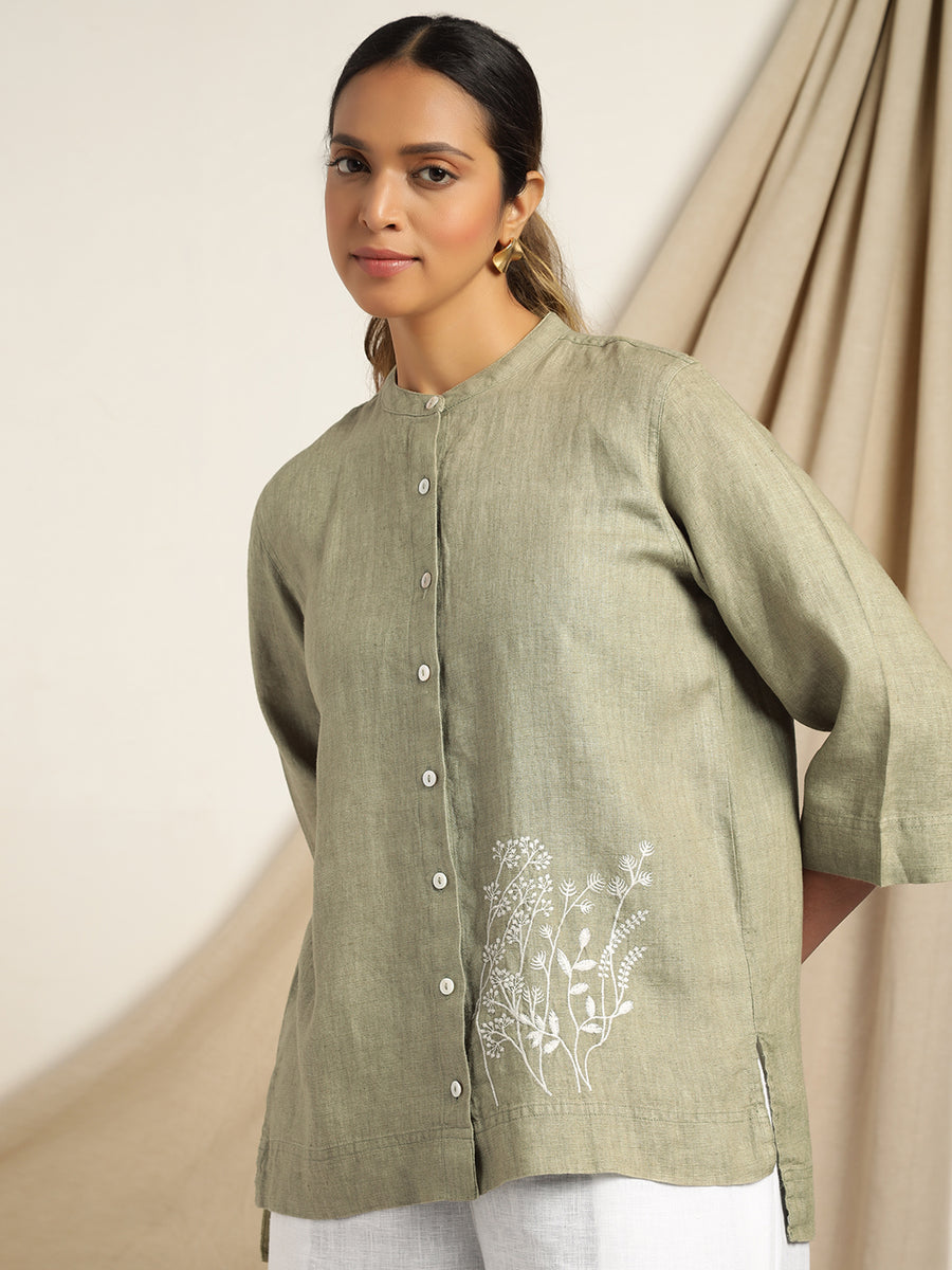 Zinnia - Light Olive Embroidered Shirt