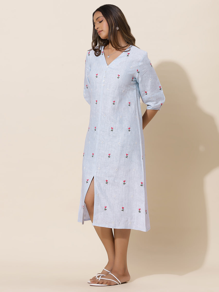 Kosha -Pale Blue Embroidered Tea Length Dress