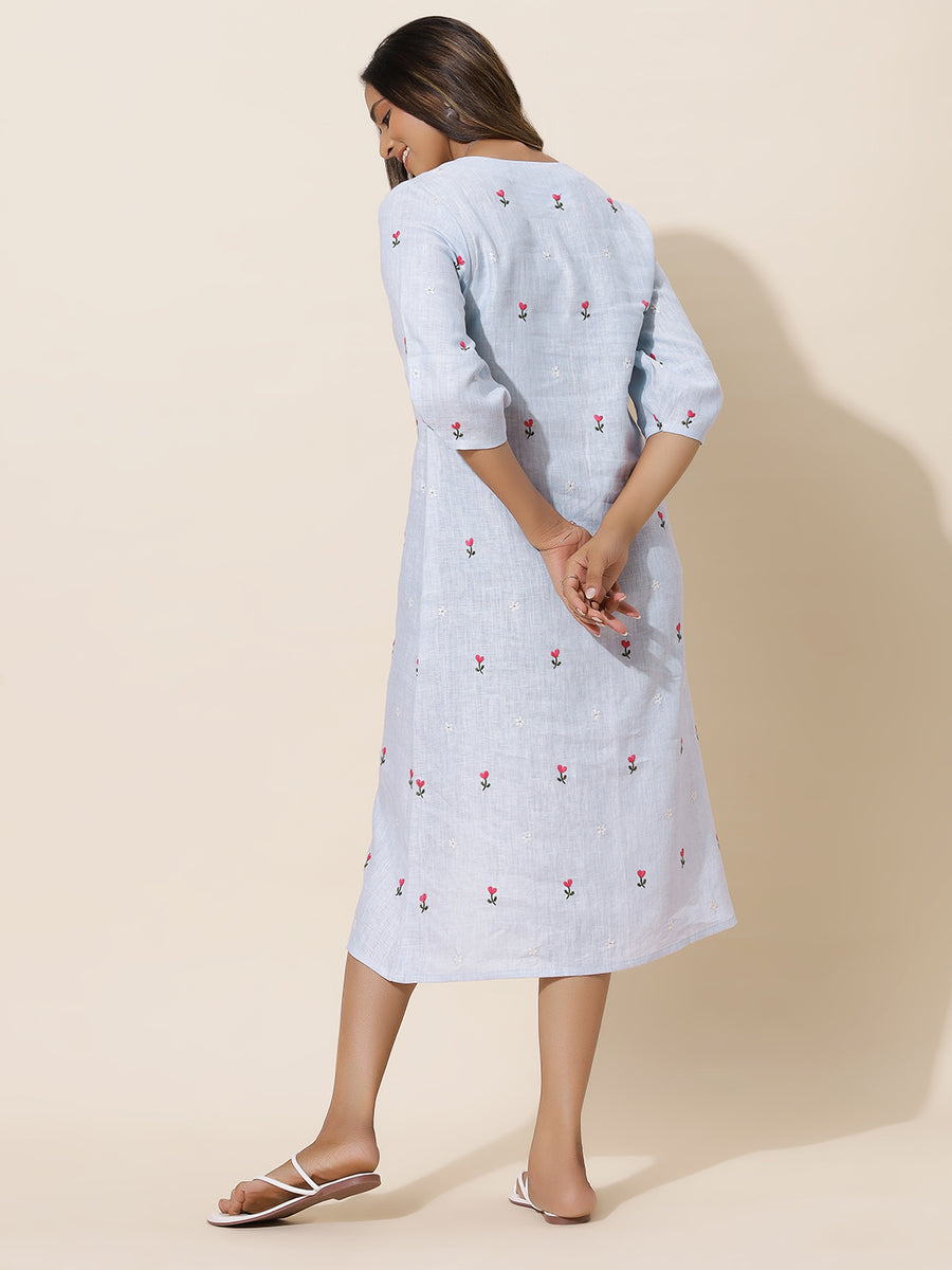 Kosha -Pale Blue Embroidered Tea Length Dress