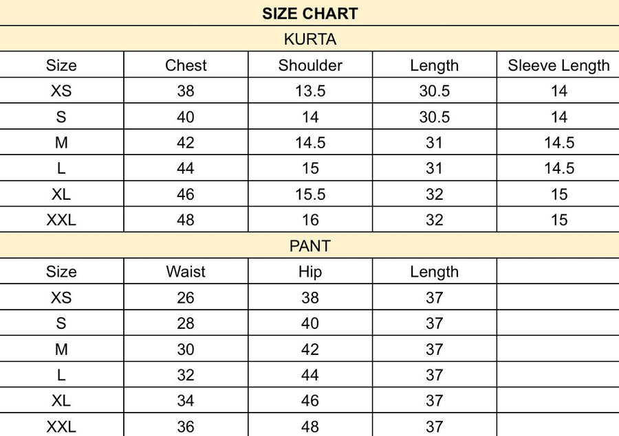 Amara Hand-Embroidered Kurta Set size chart