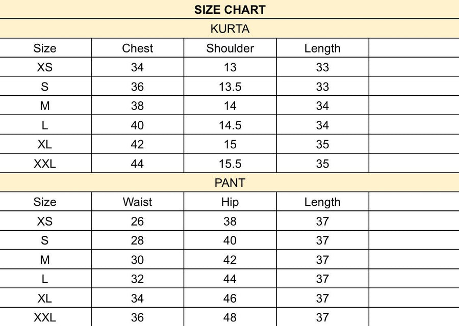 Eira Hand-Embroidered Kurta Set size chart