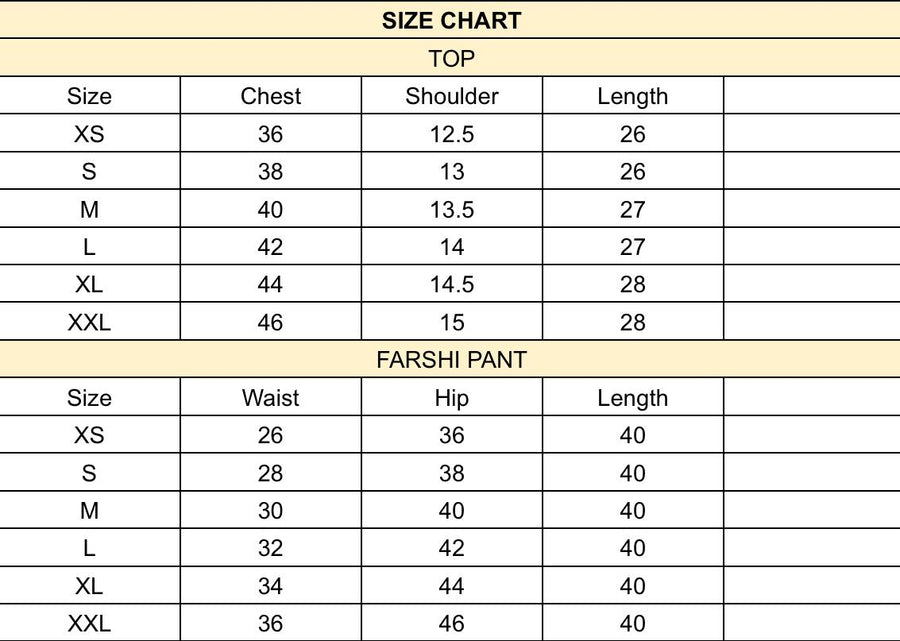 Elara Hand-Embroidered Co-ord size chart