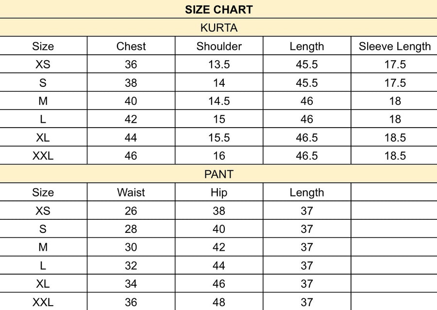Lyra Hand-Embroidered Kurta Set size chart
