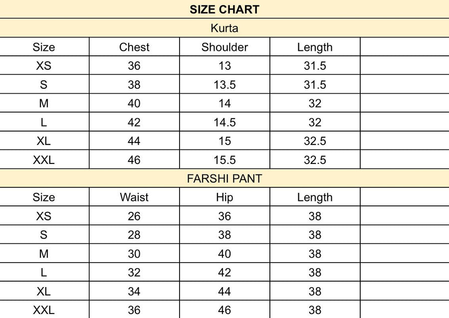 Ira Hand-Embroidered Kurta Set size chart