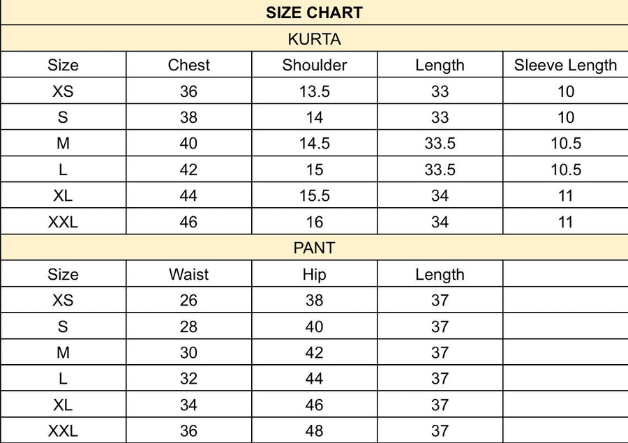 Liora Hand-Embroidered Kurta set size chart