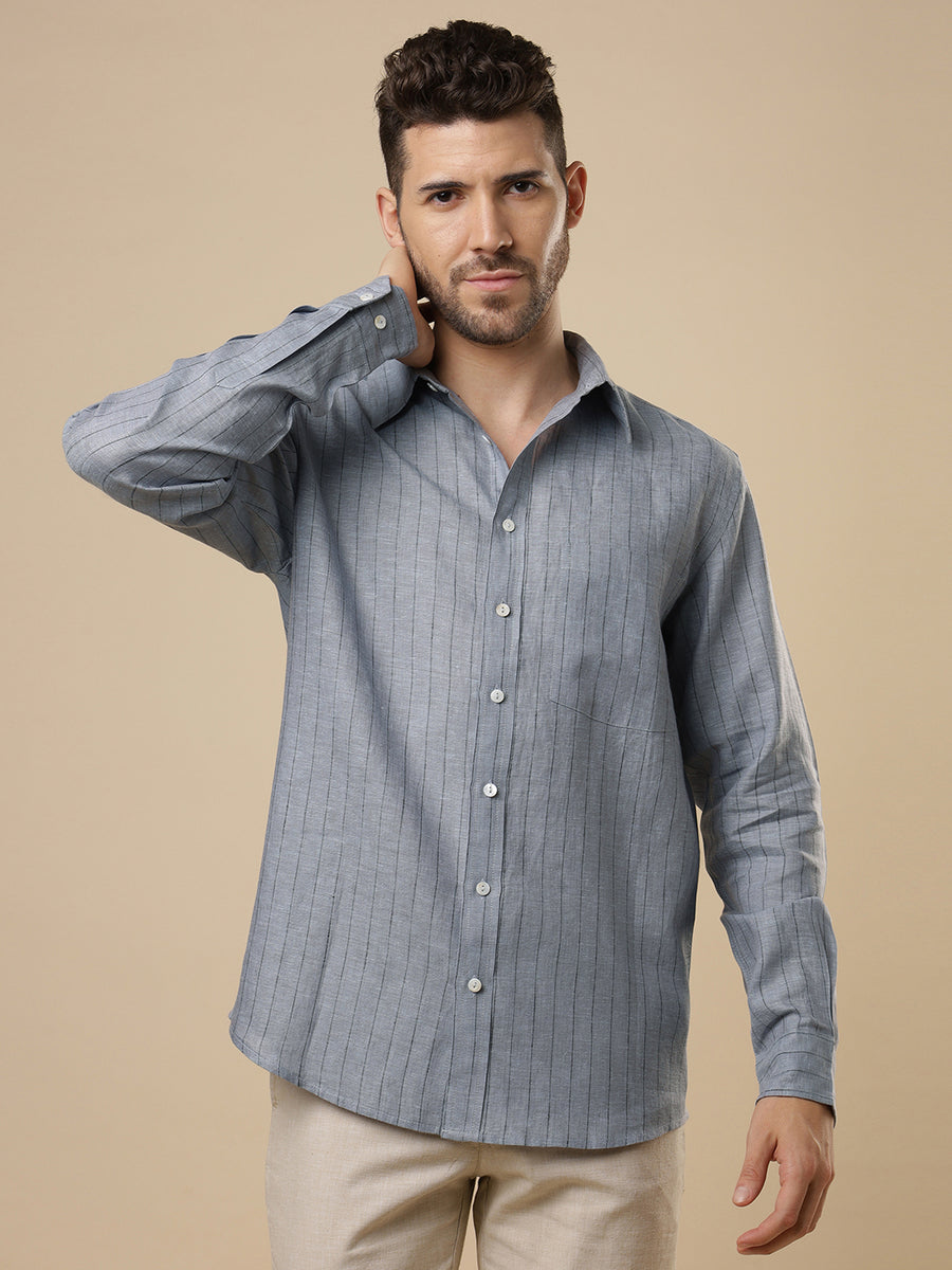 Gulmohar - Dusty Blue Printed Linen Shirt