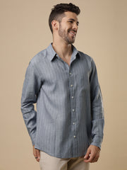 Gulmohar - Dusty Blue Printed Linen Shirt