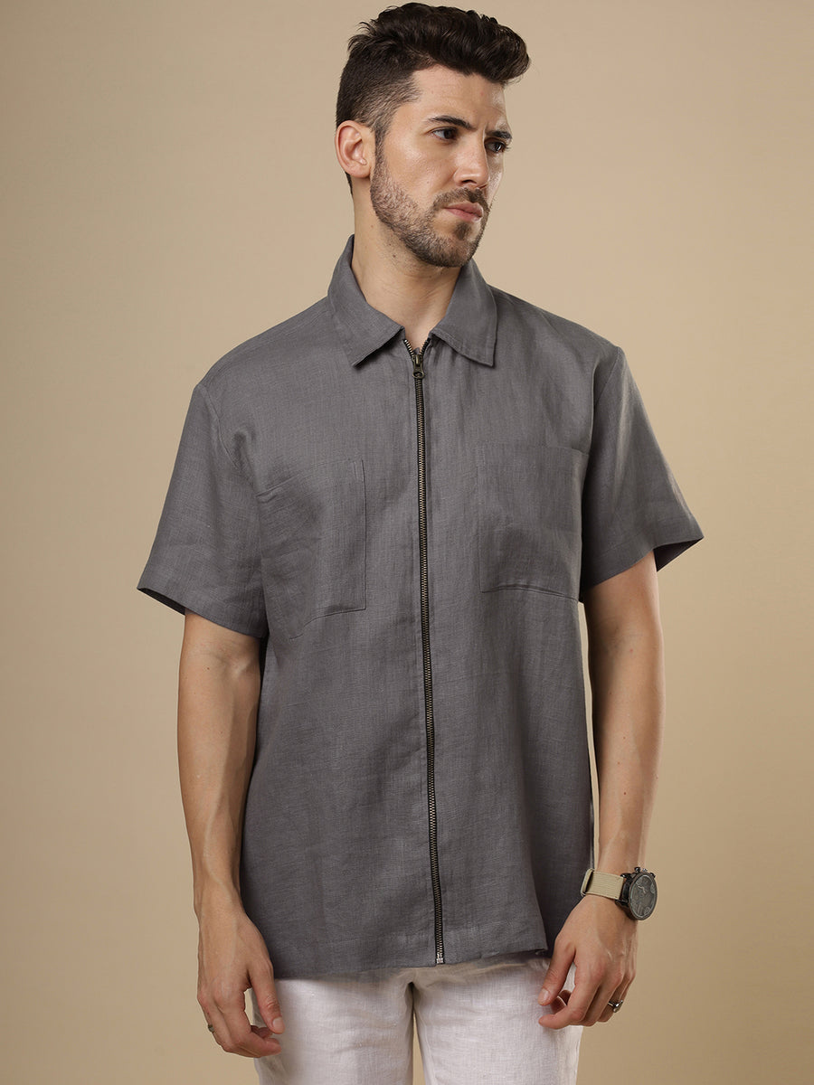 Sattva - Steel Grey Zipper Linen Shirt