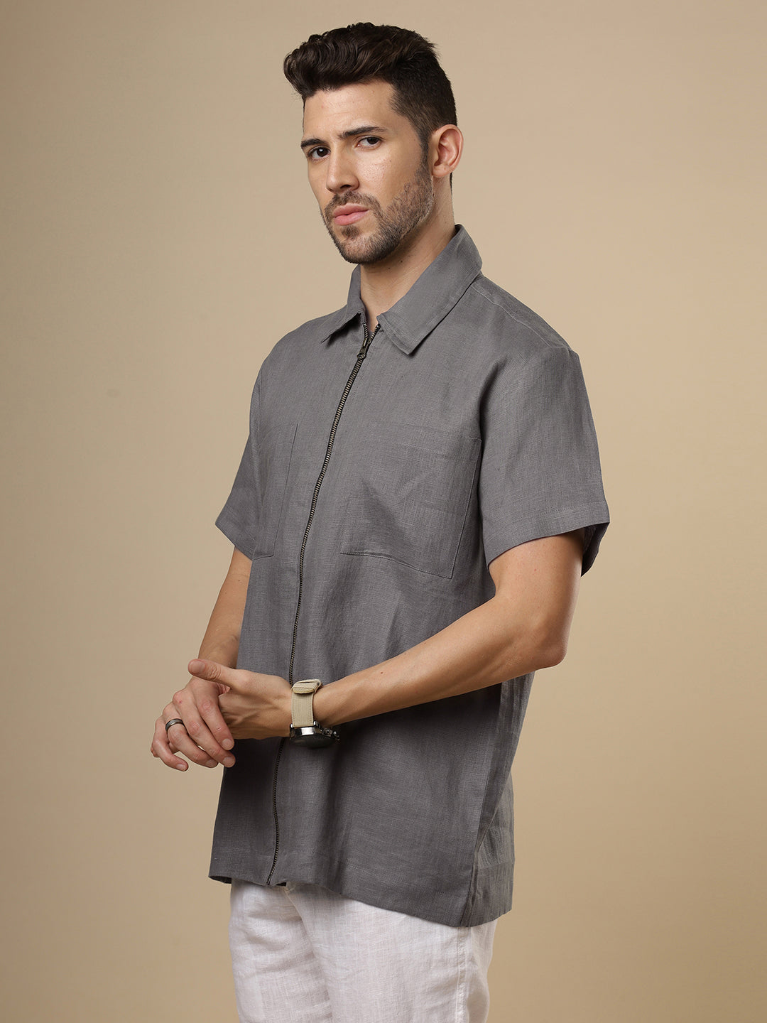 Sattva - Steel Grey Zipper Linen Shirt