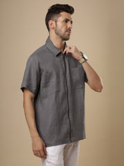 Sattva - Steel Grey Zipper Linen Shirt