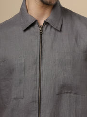 Sattva - Steel Grey Zipper Linen Shirt