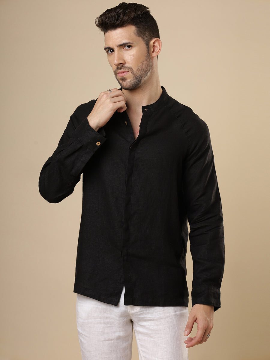 Rangmanch - Black Raglan Linen Shirt