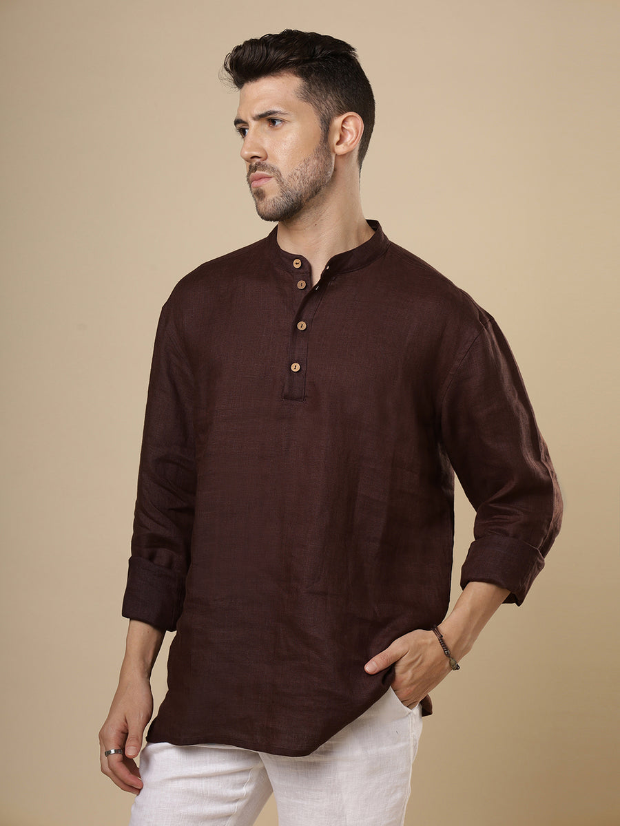 Gulmohar -  Dark Brown Linen Short Kurta