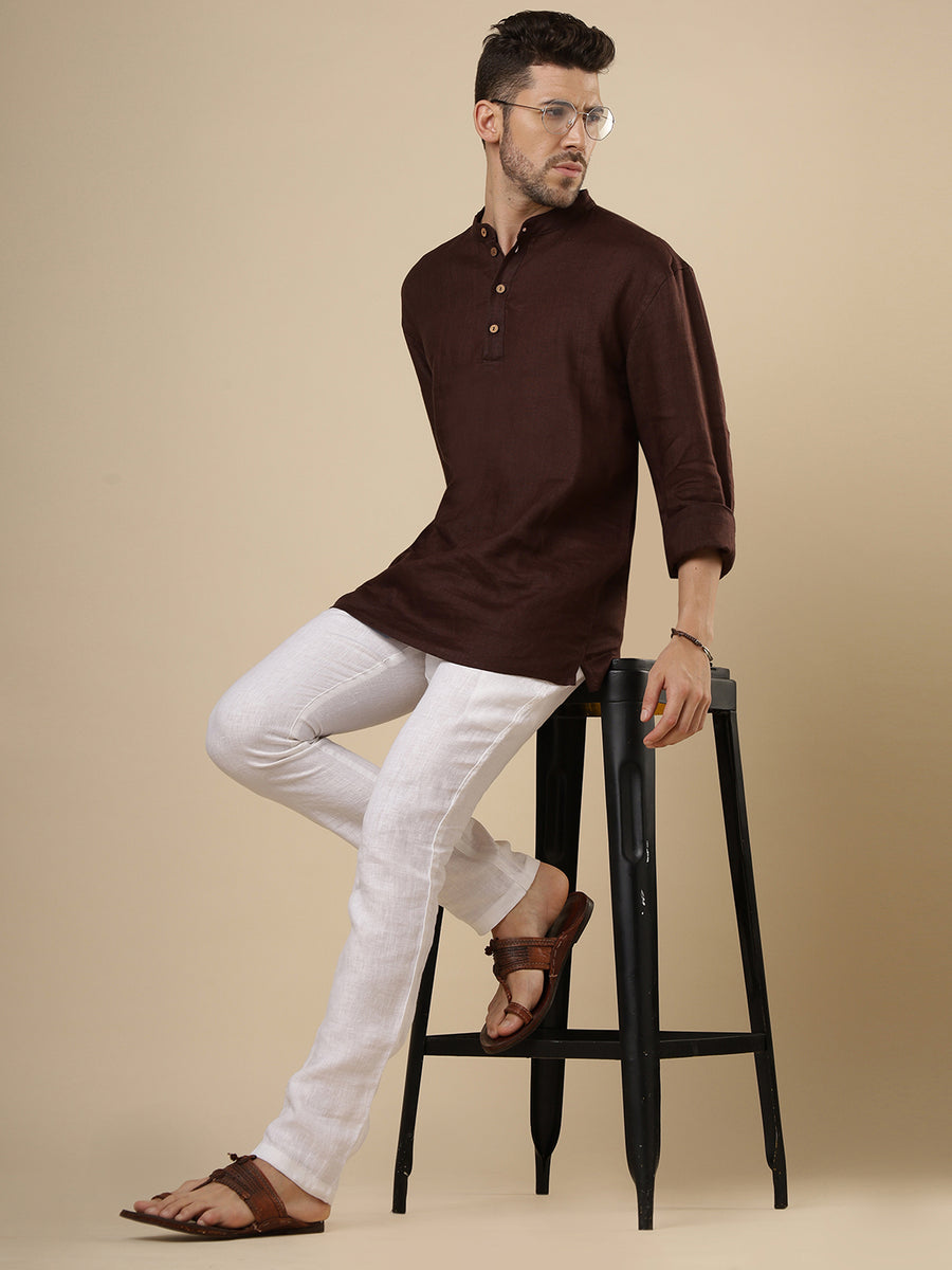 Gulmohar -  Dark Brown Linen Short Kurta