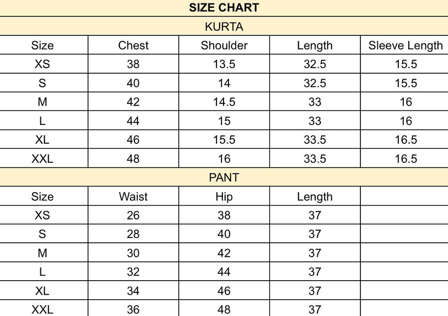 Nira Hand-Embroidered Kurta Set size chart
