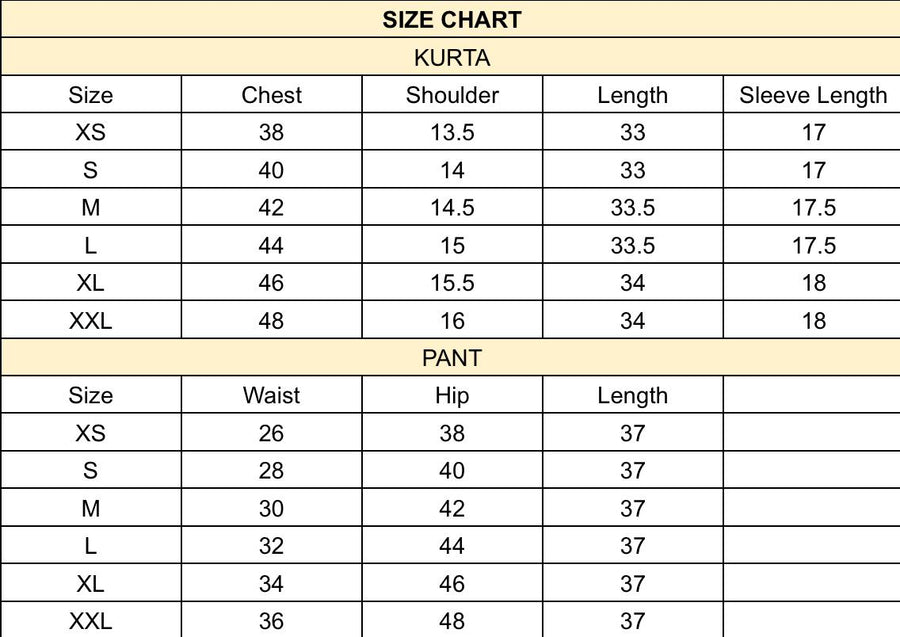 Orla Hand-Embroidered Kurta Set size chart