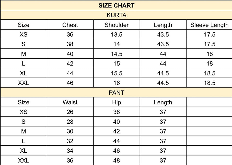 Sora Hand-Embroidered Kurta Set size chart